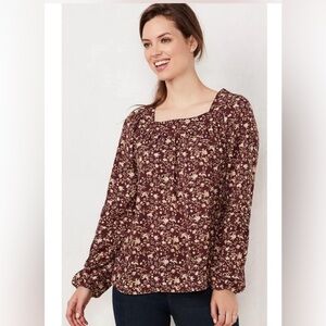 LC LAUREN CONRAD Burgundy White Floral Lauren Shirred Peasant Blouse